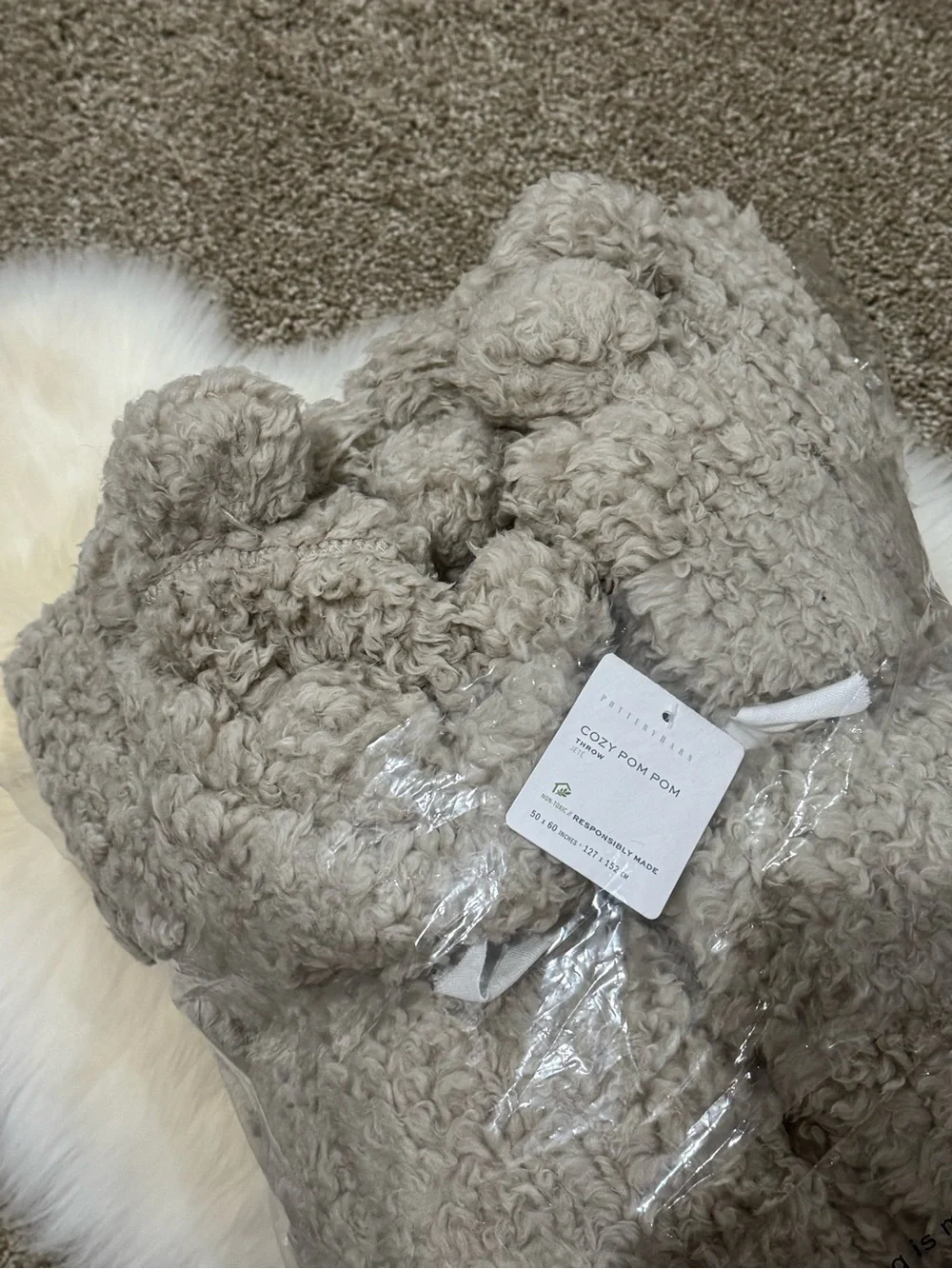 NWT Pottery Barn Cozy Pom Pom Sherpa Throw Blanket - Taupe